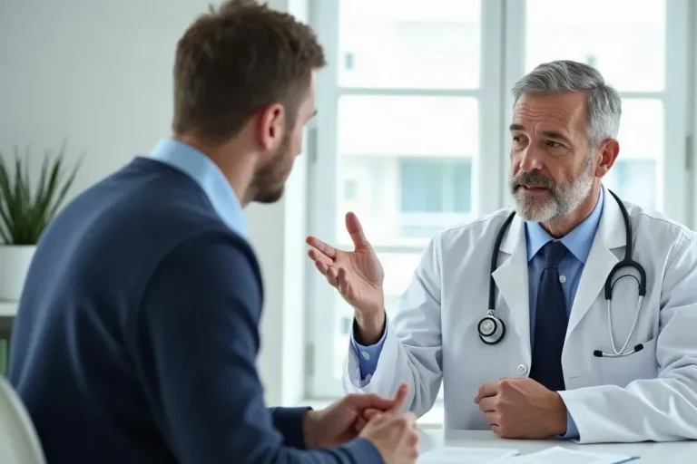 Χειρουργός εξηγεί σε ασθενή τη διάγνωση της βουβωνοκήλης κατά την κλινική εκτίμηση στο ιατρείο